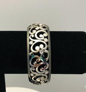 Brighton Hing Bangle Bracelet-Silver Tone & Dark Grey-Scroll Filigree Rhinestone